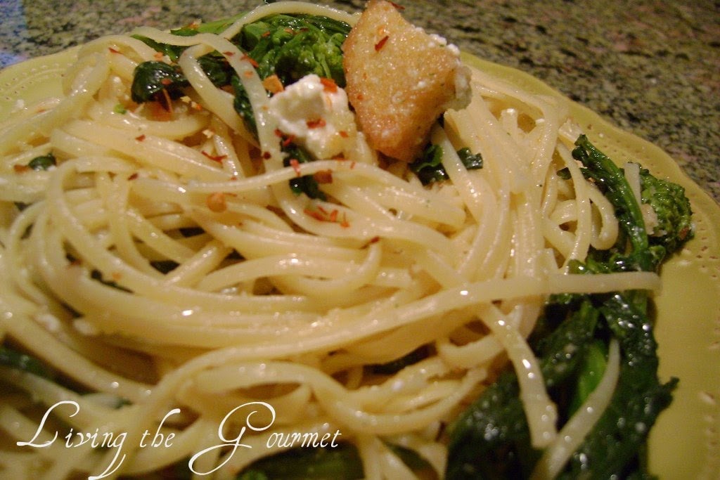 Broccoli Rabe with Spaghetti, Feta Cheese, and Croutons