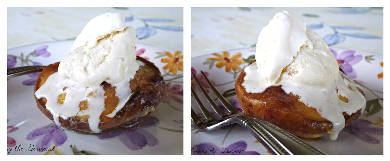 Baked caramelized peaches with ice cream for a satisfying summer treat