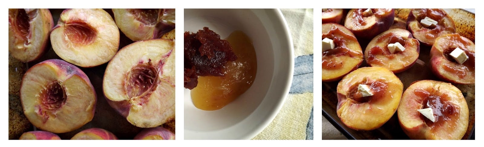 The process of preparing baked peaches with honey, butter, and marmalade
