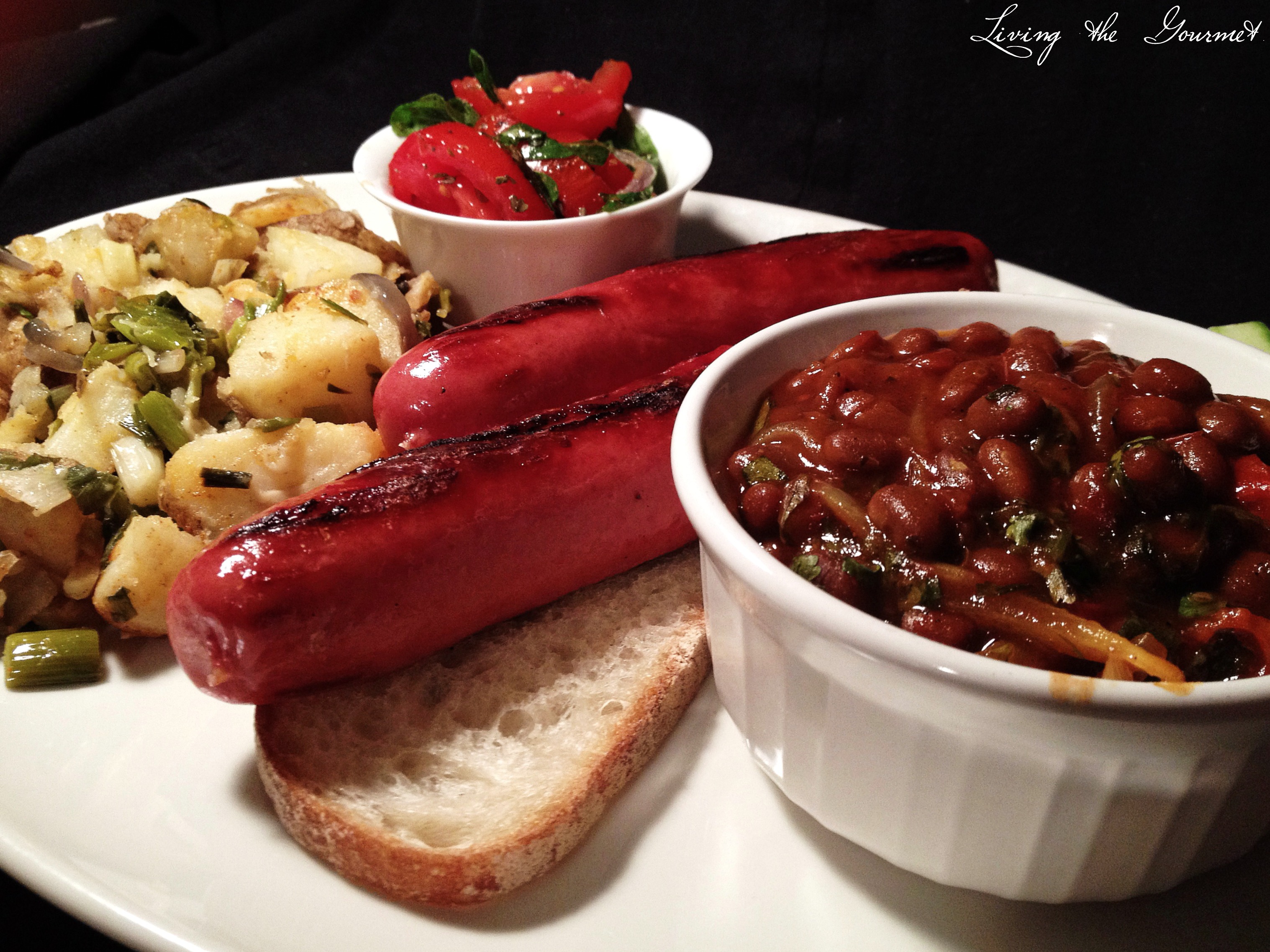 Steak Dogs with Beans, Home Fried Potatoes and Tomato Salad