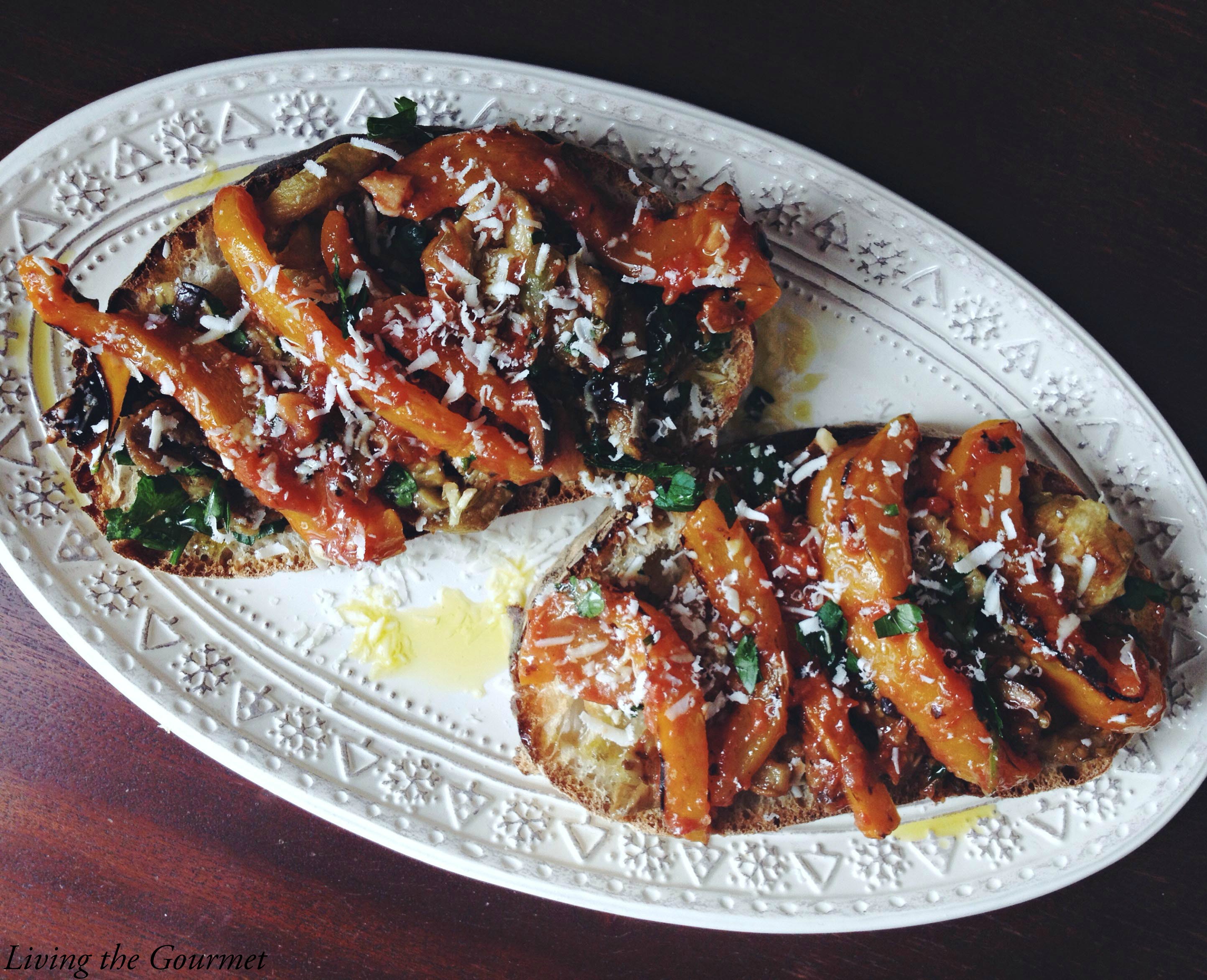 Living the Gourmet: Roasted Peppers & Eggplant Crostini