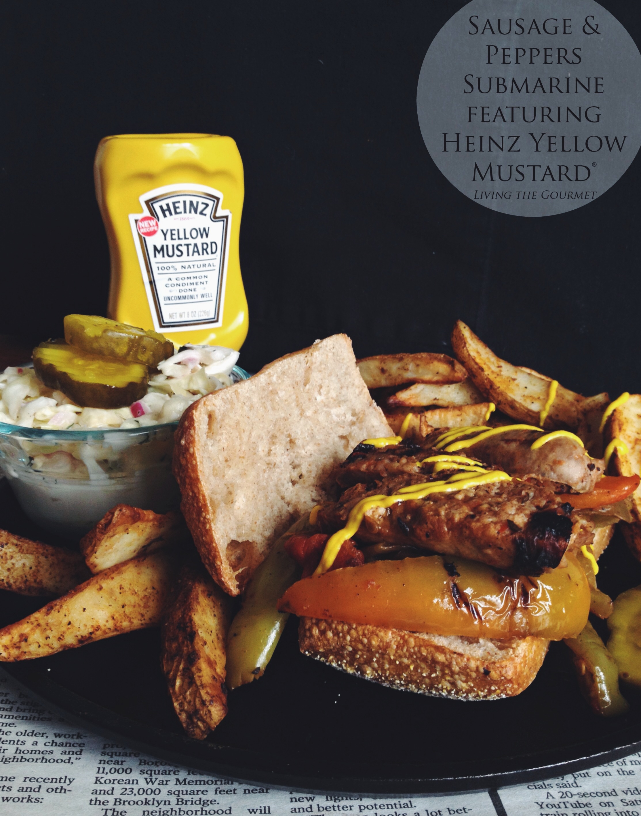 sausage and peppers submarine with steak fries featuring heinz yellow mustard®