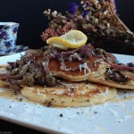 Polenta Pancakes and Sauteed Mushrooms with Caramelized Onions