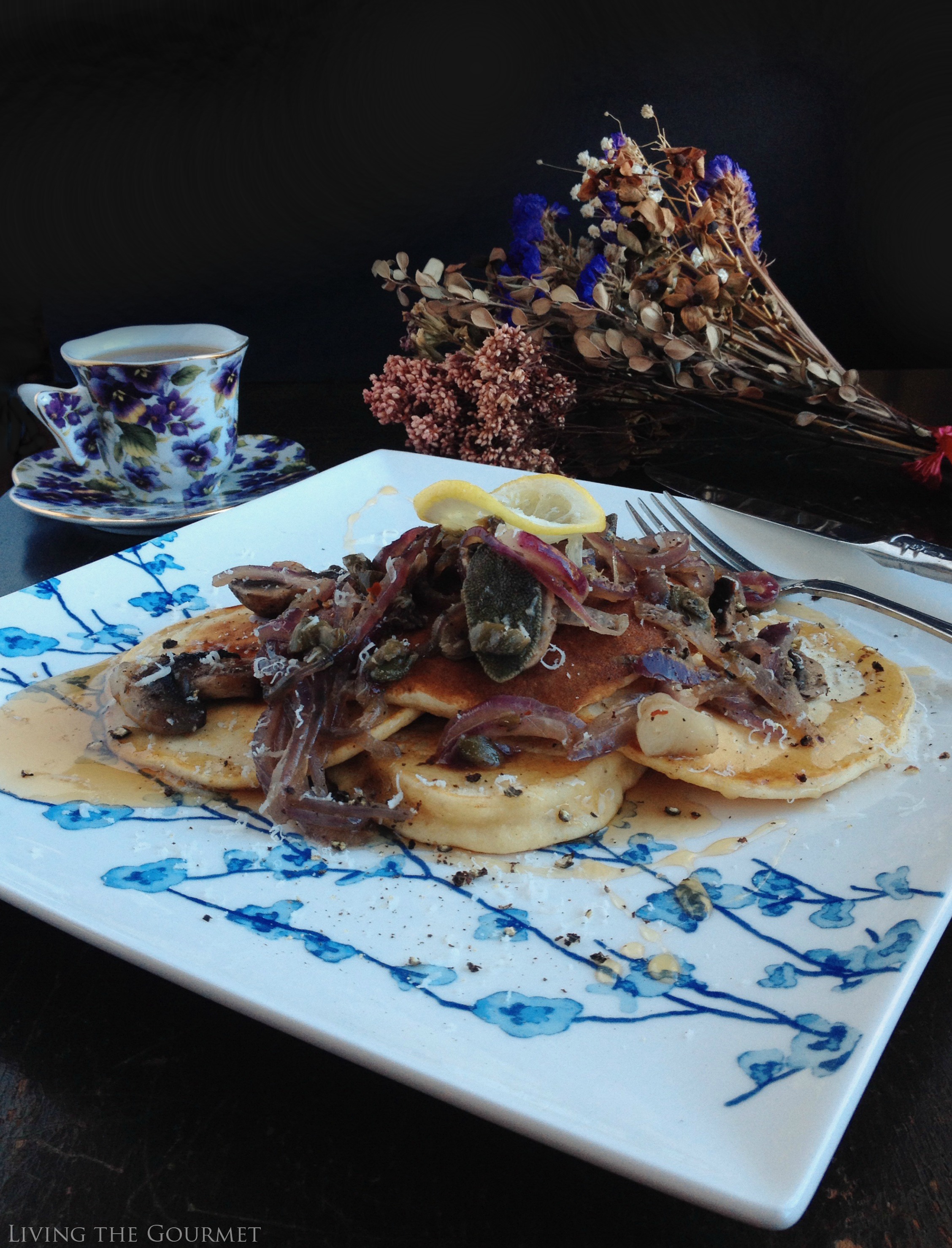 Polenta pancakes and sauteed mushrooms with caramelized onions