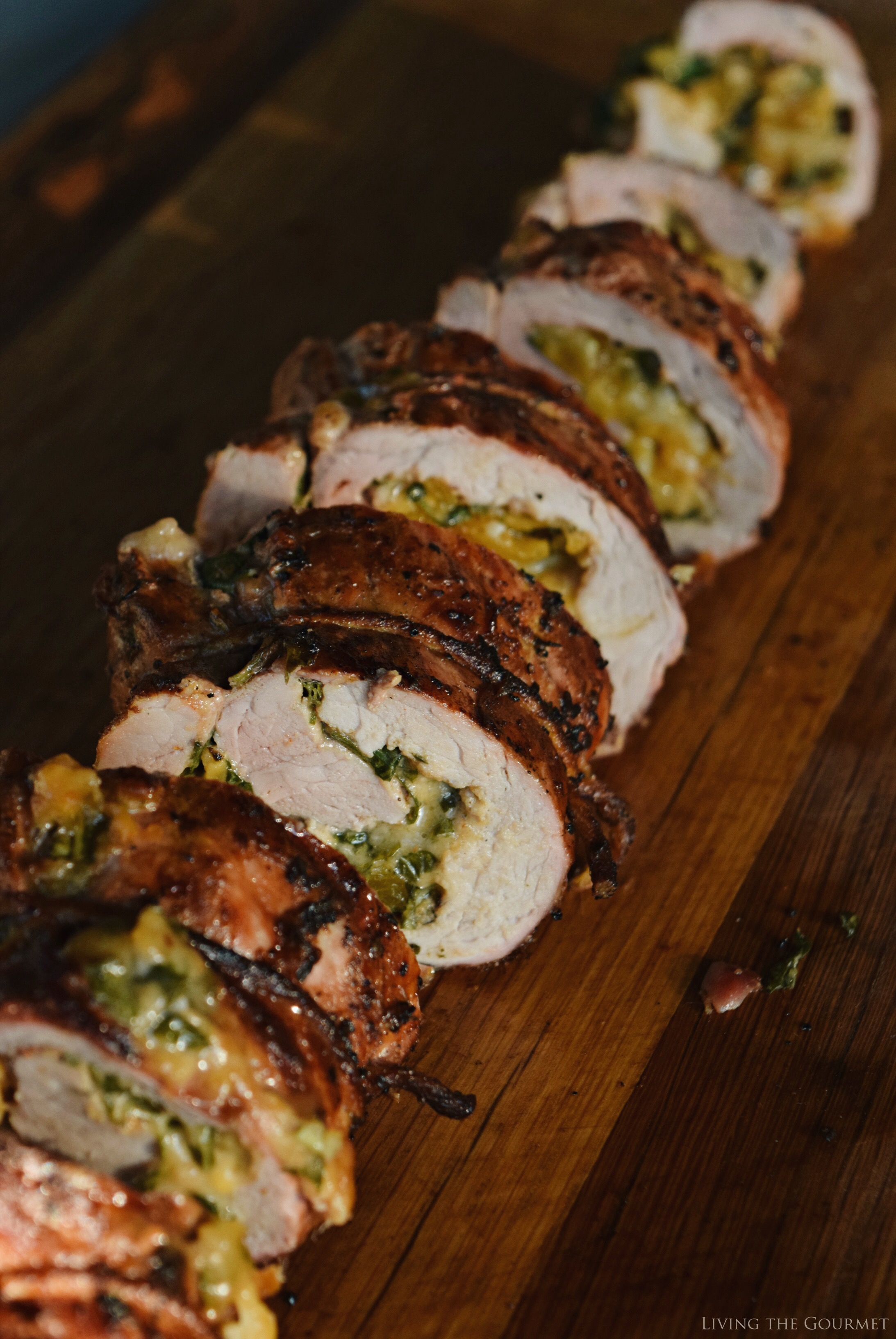 Living the Gourmet: Stuffed Pork Loin with Apricots, Basil, Garlic and Cheddar