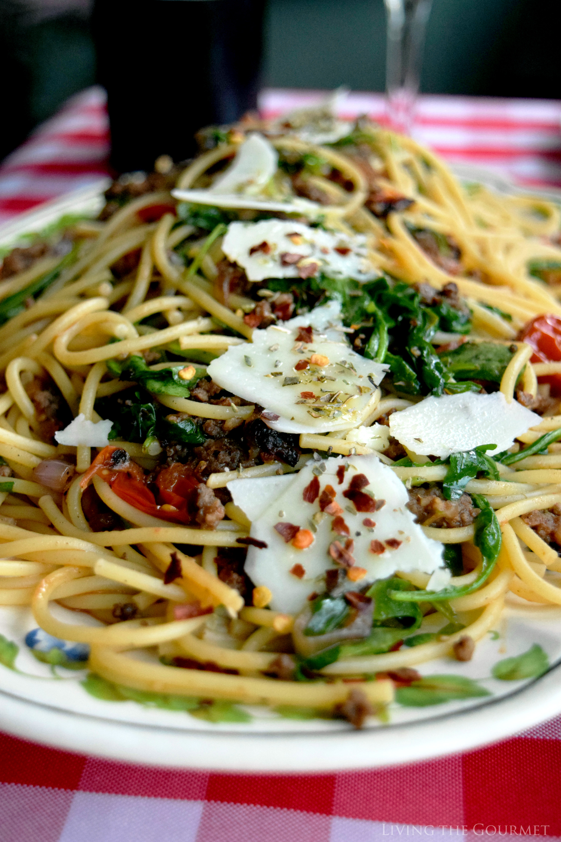 Spaghetti with Roasted Tomatoes, Arugula, and Sausage - Living The Gourmet