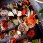 Living the Gourmet: Flame grilled Pork and Veggie Kabobs are a perfect way to enjoy the season's harvest!