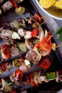 Living the Gourmet: Flame grilled Pork and Veggie Kabobs are a perfect way to enjoy the season's harvest!
