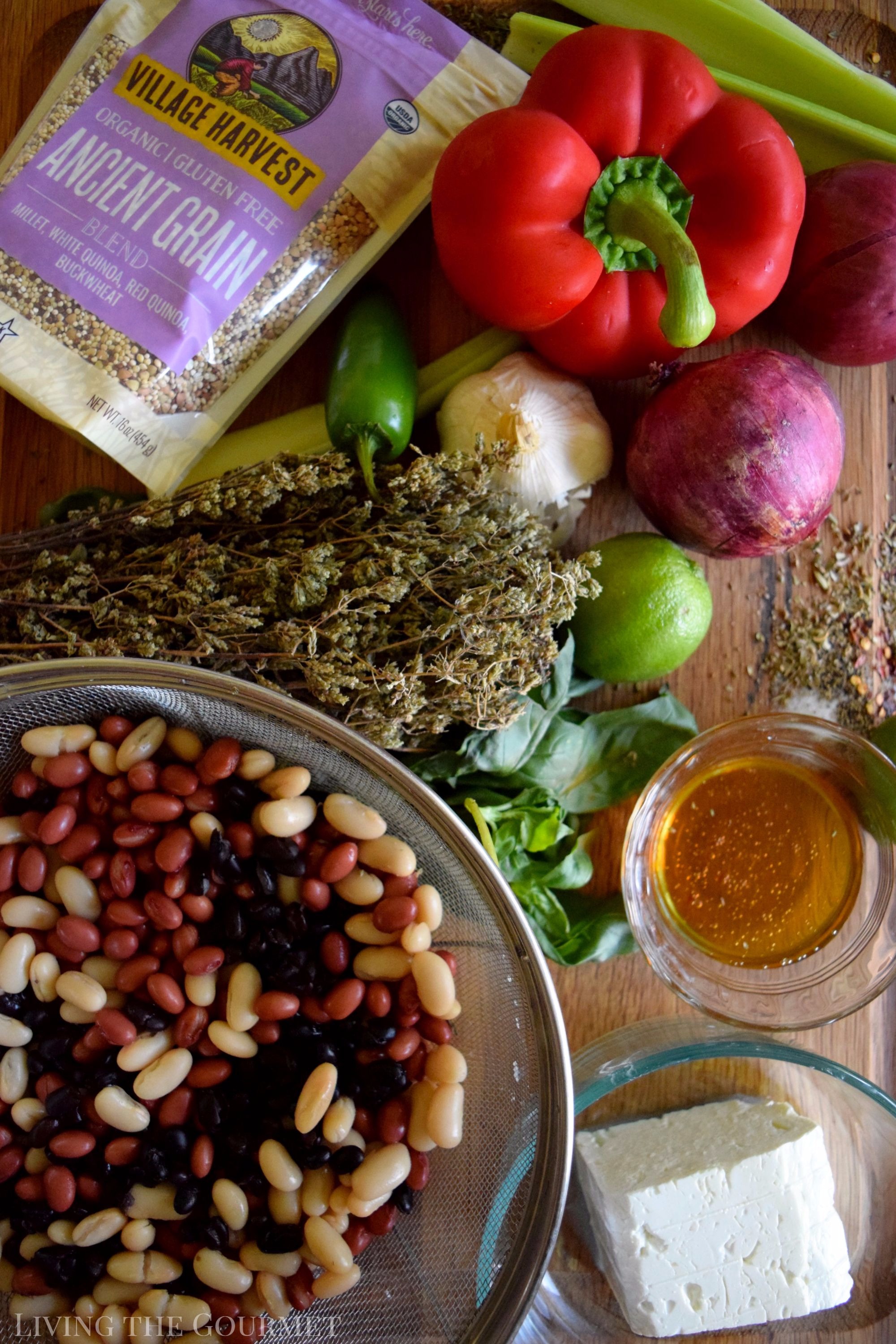 Living the Gourmet: Packed with protein, fiber, and nutrients, this Ancient Grains Three Bean Salad is served with Grilled Chicken for hearty, healthy summer meal. #vhblends #clvr