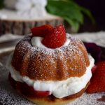 Living the Gourmet: Enjoy the final moments of summer with these Strawberries and Cream Naked Bundt Cakes. Fresh cream and sliced strawberries are layered between a moist, vanilla strawberry cake. #BundtBakers