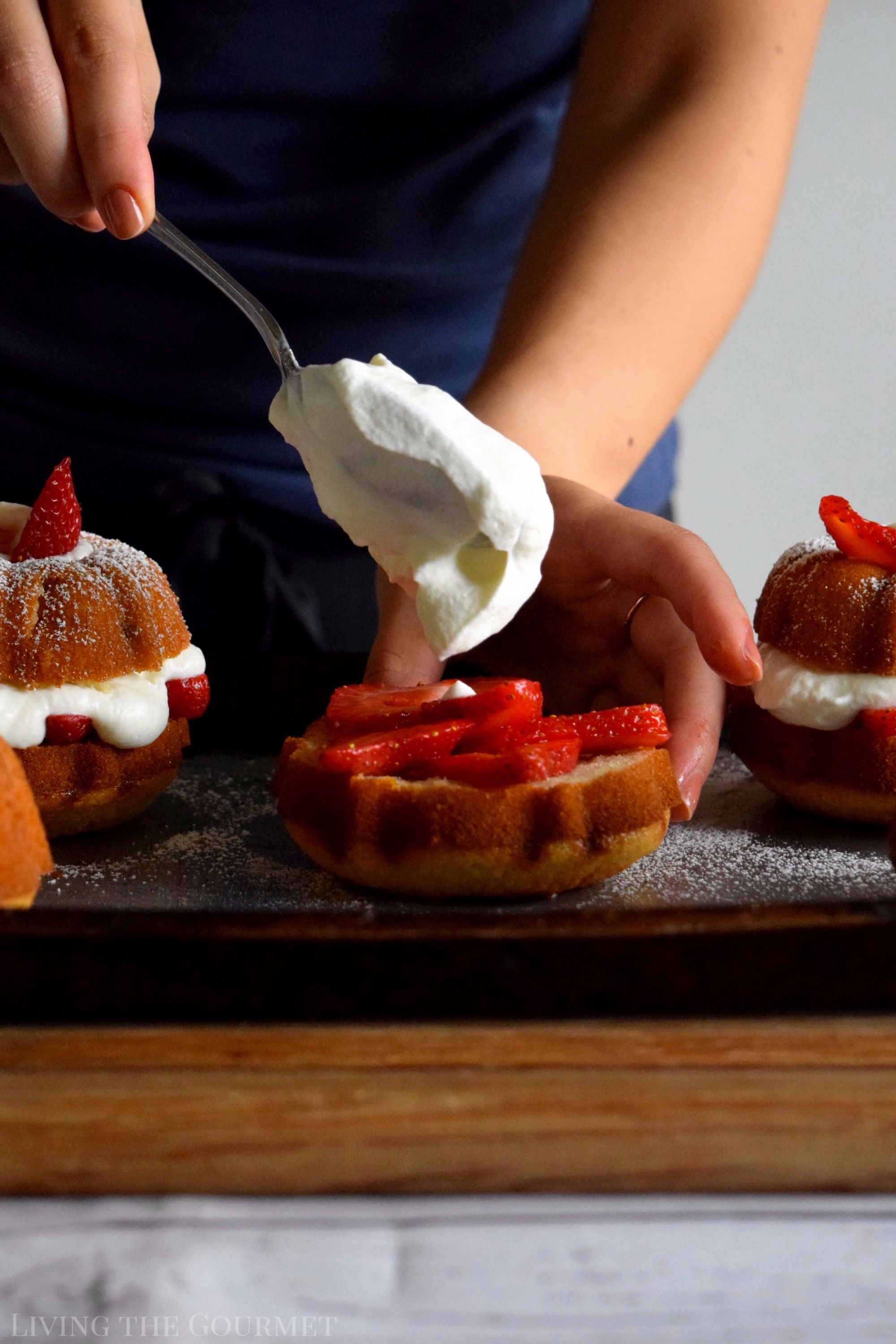 Living the Gourmet: Enjoy the final moments of summer with these Strawberries and Cream Naked Bundt Cakes. Fresh cream and sliced strawberries are layered between a moist, vanilla strawberry cake. #BundtBakers