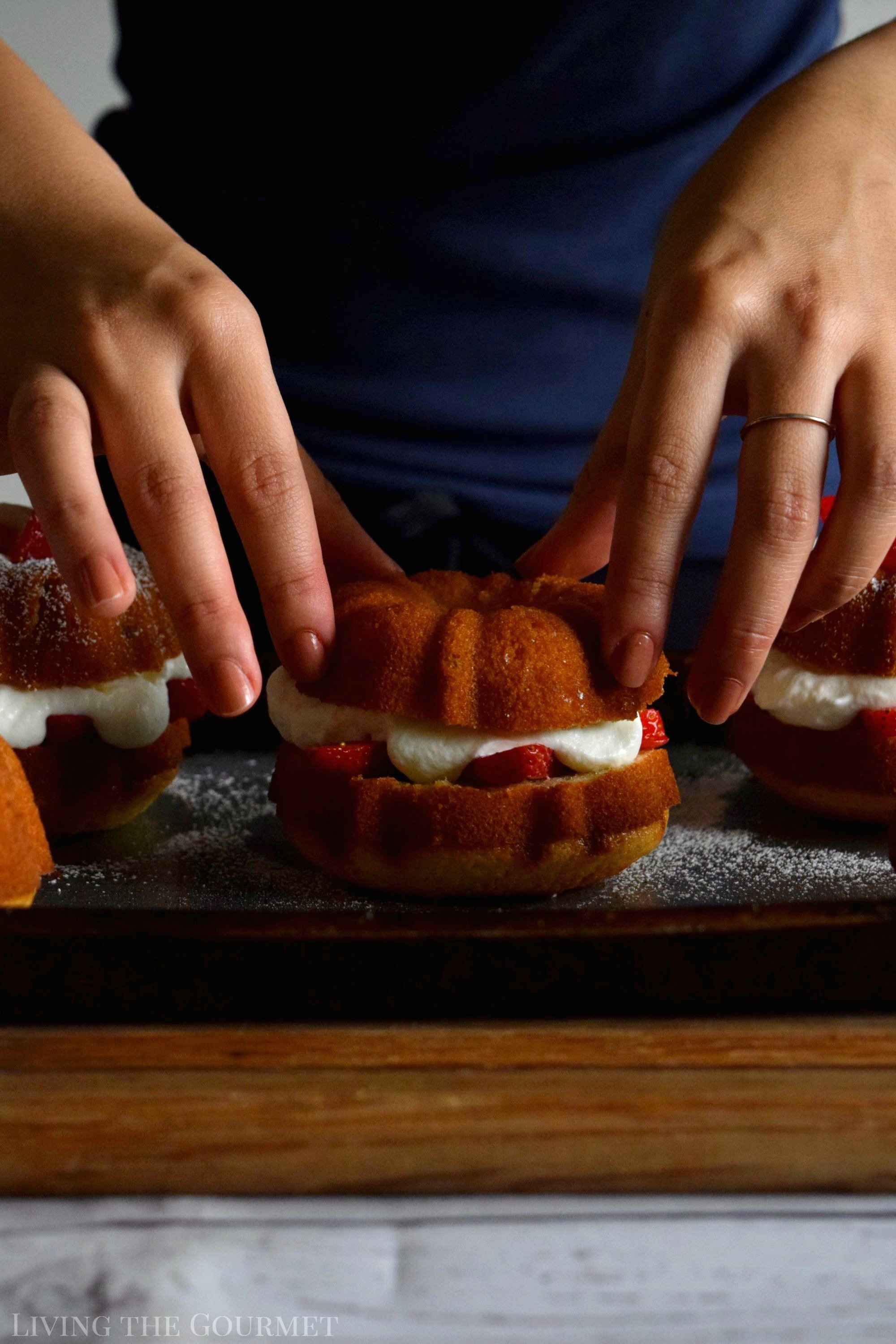 Living the Gourmet: Enjoy the final moments of summer with these Strawberries and Cream Naked Bundt Cakes. Fresh cream and sliced strawberries are layered between a moist, vanilla strawberry cake. #BundtBakers