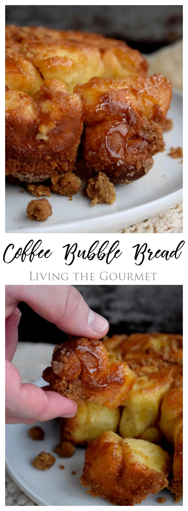 The mornings are getting chillier and the days are getting shorter, time to break out those cozy knit sweaters and get out baking game on. This Coffee Bubble Bread is a cross between coffee cake and monkey bread. It's sweet, sticky and perfect in the AM with your favorite cup of java.