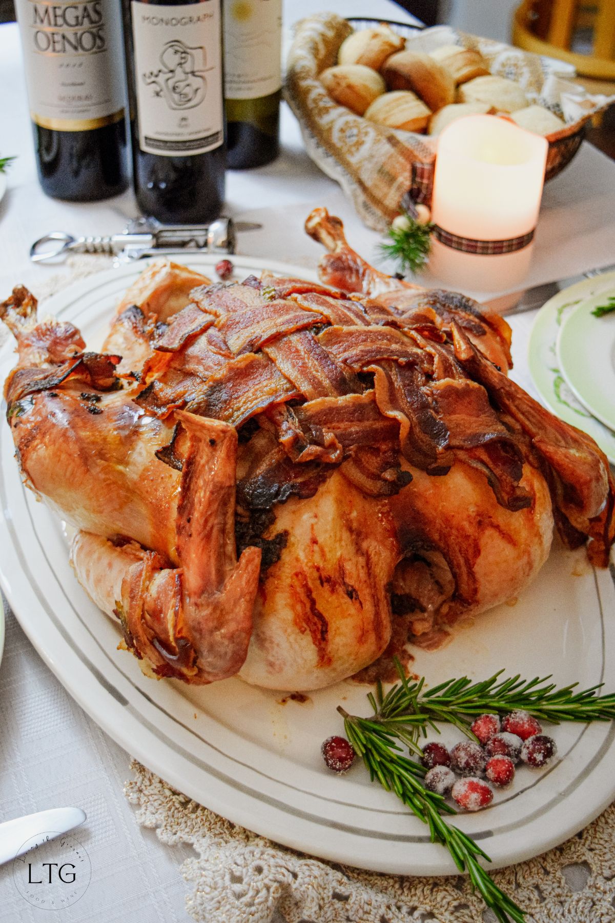 Bacon-Wrapped Herbed Turkey with Greek Wine Pairings for Thanksgiving