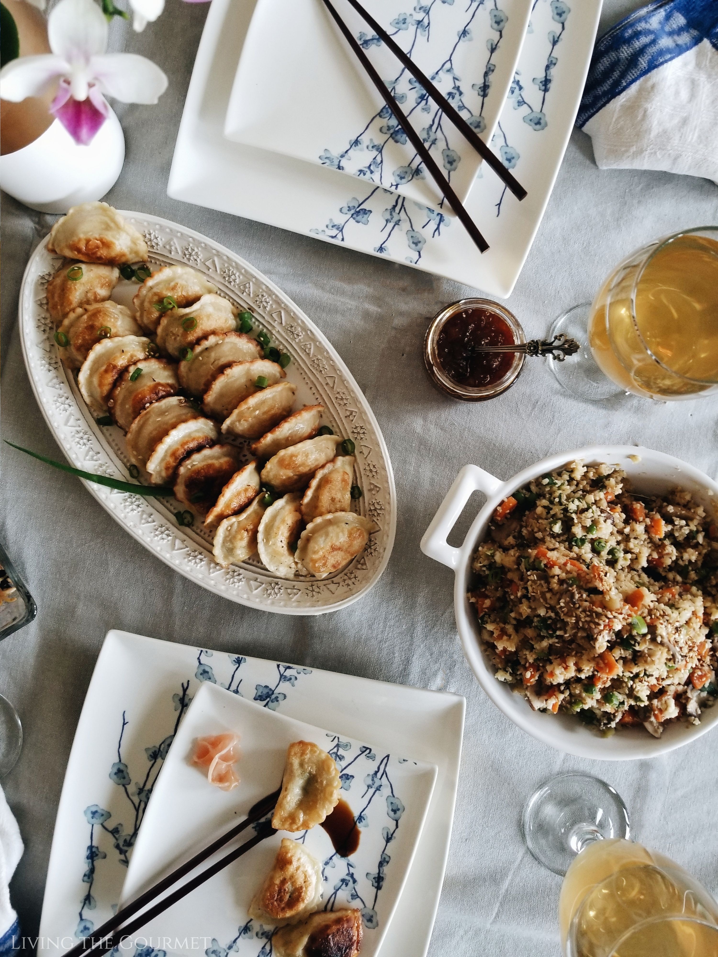 vegan dumplings and cauliflower fried rice