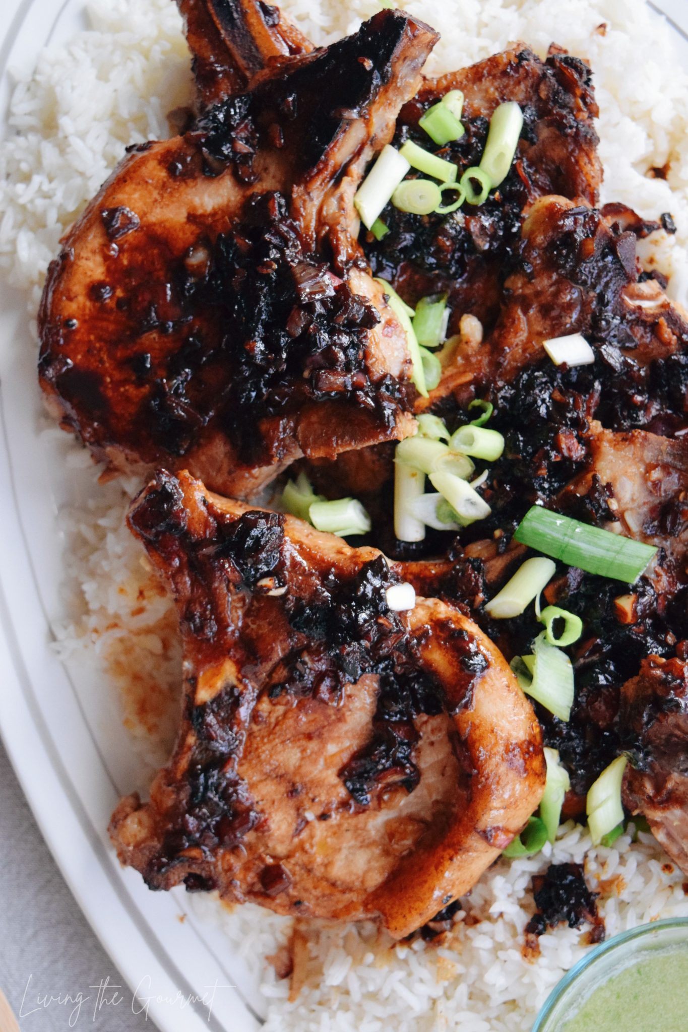 Asian Marinated Pork Chops with Coconut Rice & Spicy Jalapeno Sauce