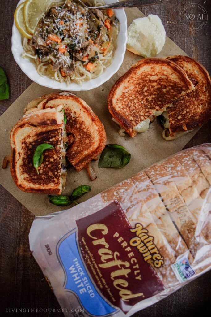 Caramelized Onion and Basil Grilled Cheese with Beef and Vegetable Soup