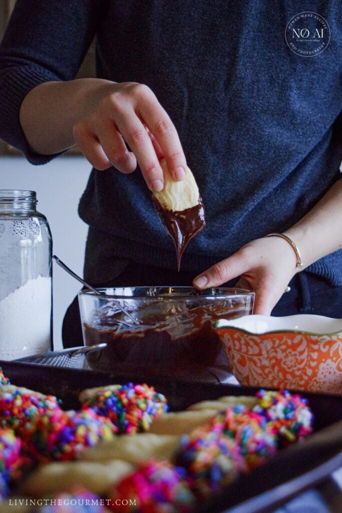 Dipping the cookies in chocolate