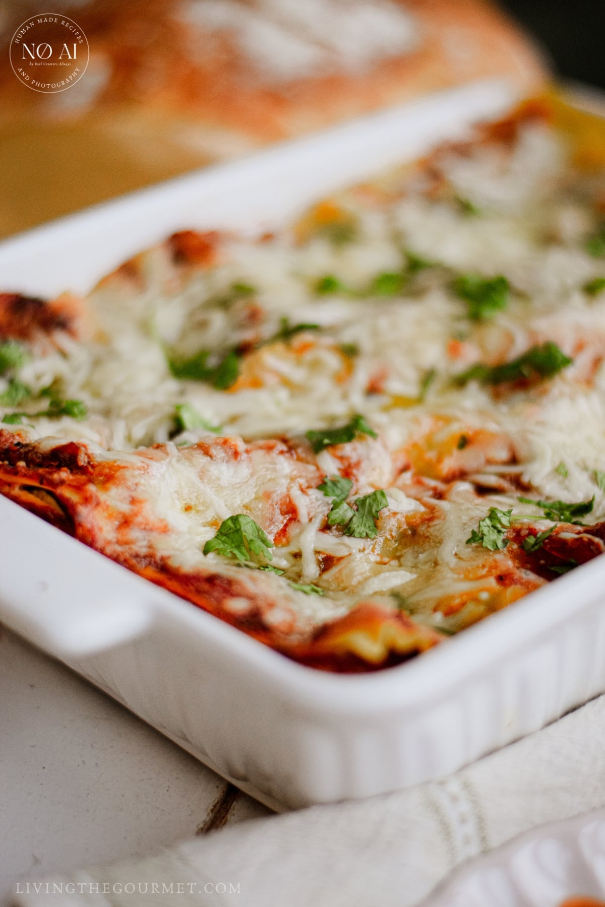 A pan of Spinach and Mushroom Lasagna