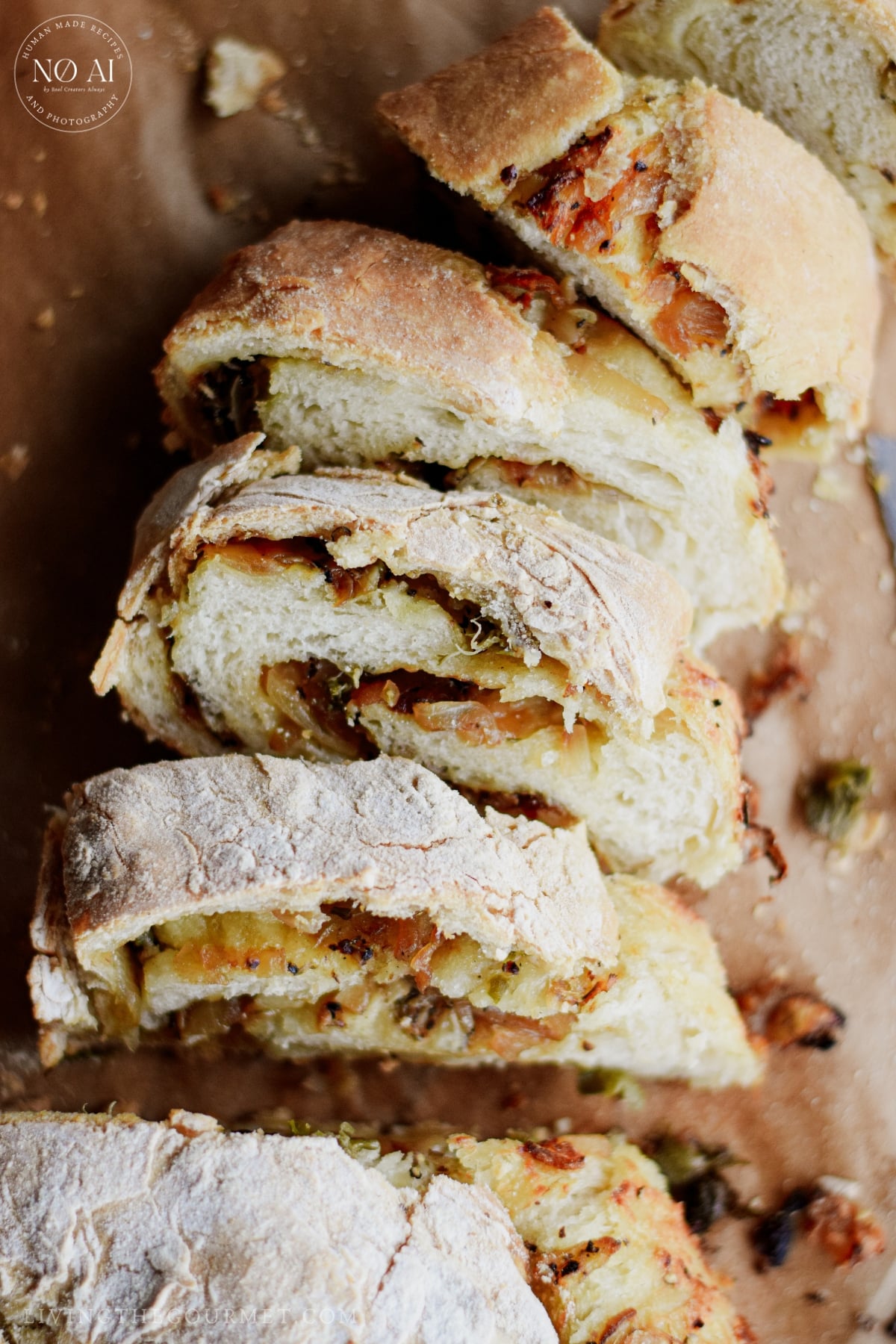 Homemade bread stuffed with garlic, onions, cheese, and capers