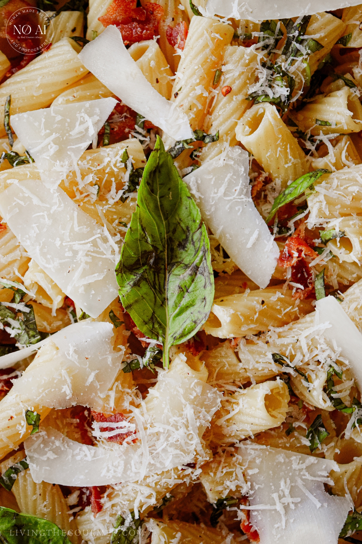 Pasta tossed with cheese, bacon, and fresh basil