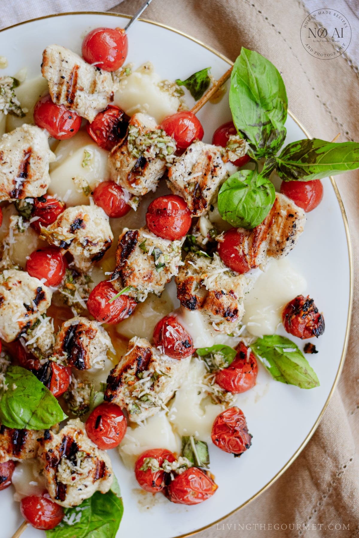 Chicken Skewers with mozzarella, tomatoes, and basil