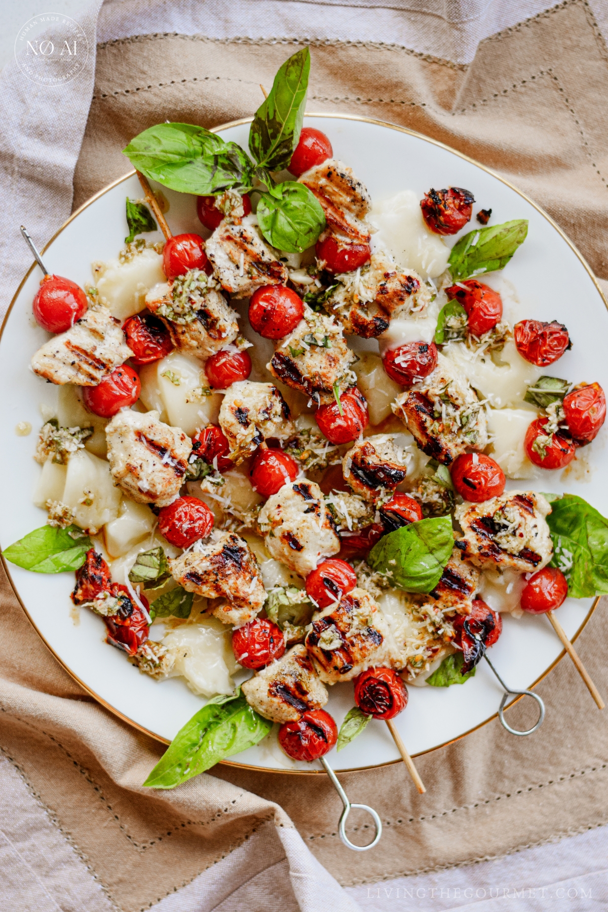 Chicken Skewers with mozzarella, tomatoes, and basil