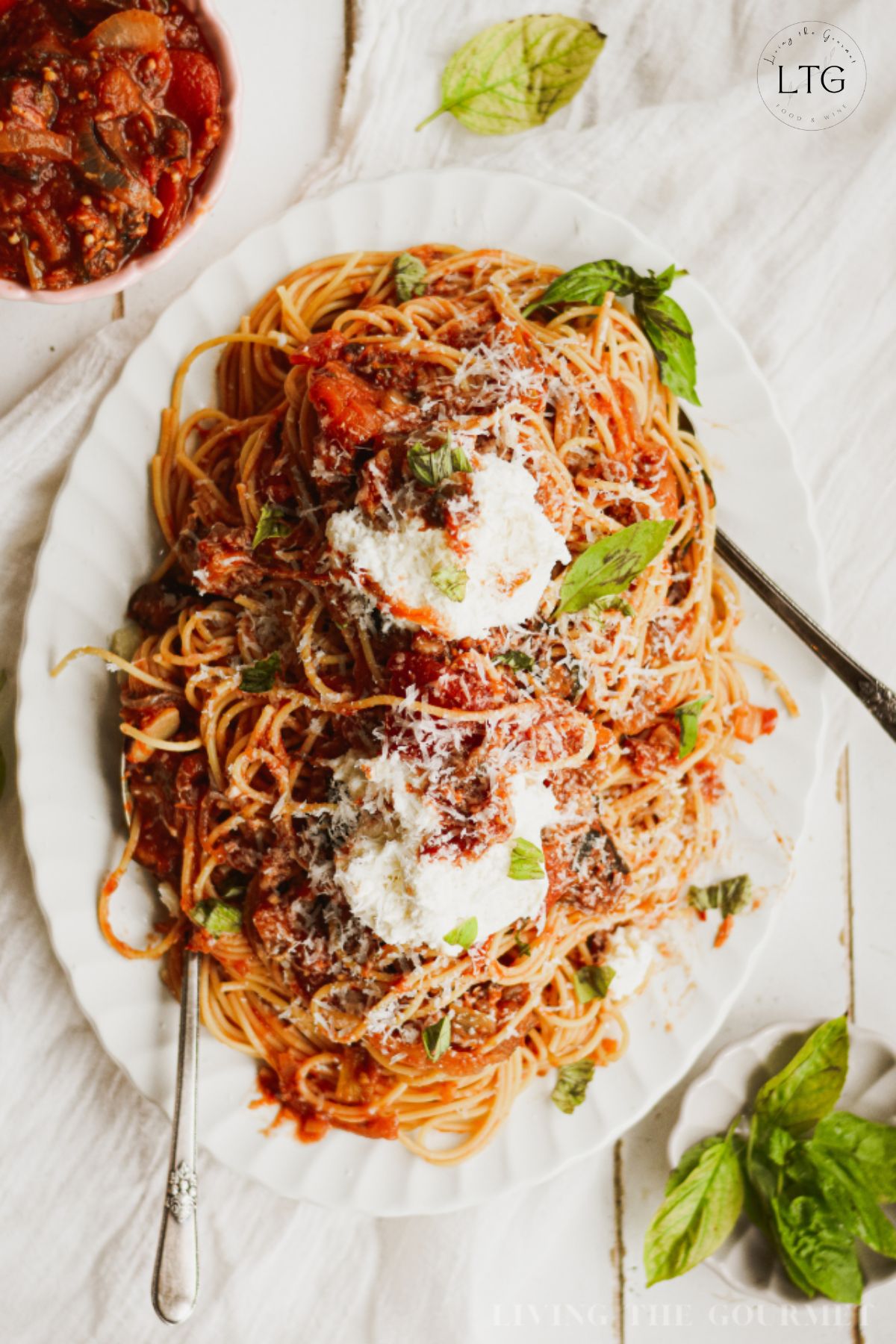 Eggplant and Tomato Pasta with Whipped Ricotta