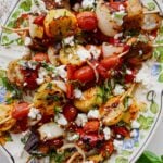 Griddle Vegetable Skewers Recipe with Marinated Feta plated for the summer dinner table.