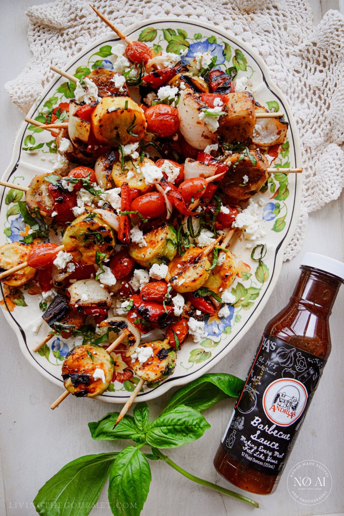 Griddle Vegetable Skewers Recipe with Marinated Feta featuring Andria's Barbecue Sauce.