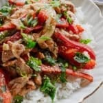 Pork and vegetable stir fry tossed in a savory soy and sesame sauce