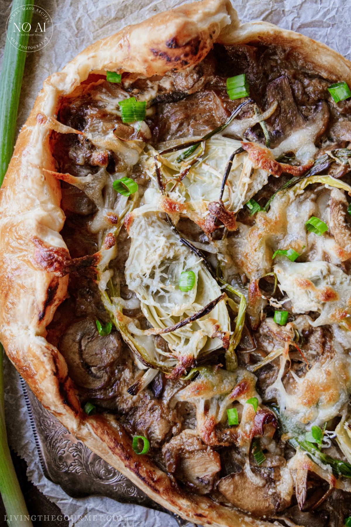 Artichoke hearts on Caramelized Onion and Mushroom Galette