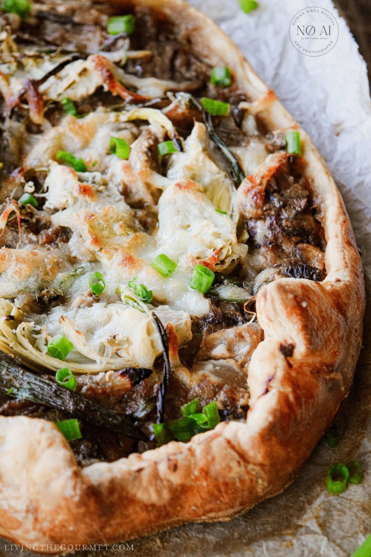 Caramelized Onion and Mushroom Galette topped with mozzarella cheese and garnished with scallions
