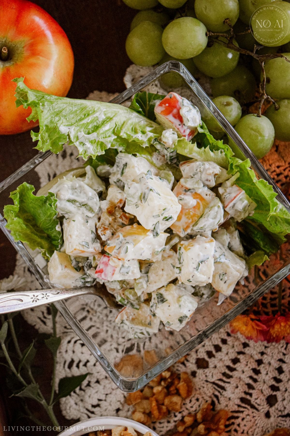 Honeycrisp Waldorf Salad with Creamy Dressing plated against a harvest tablescape