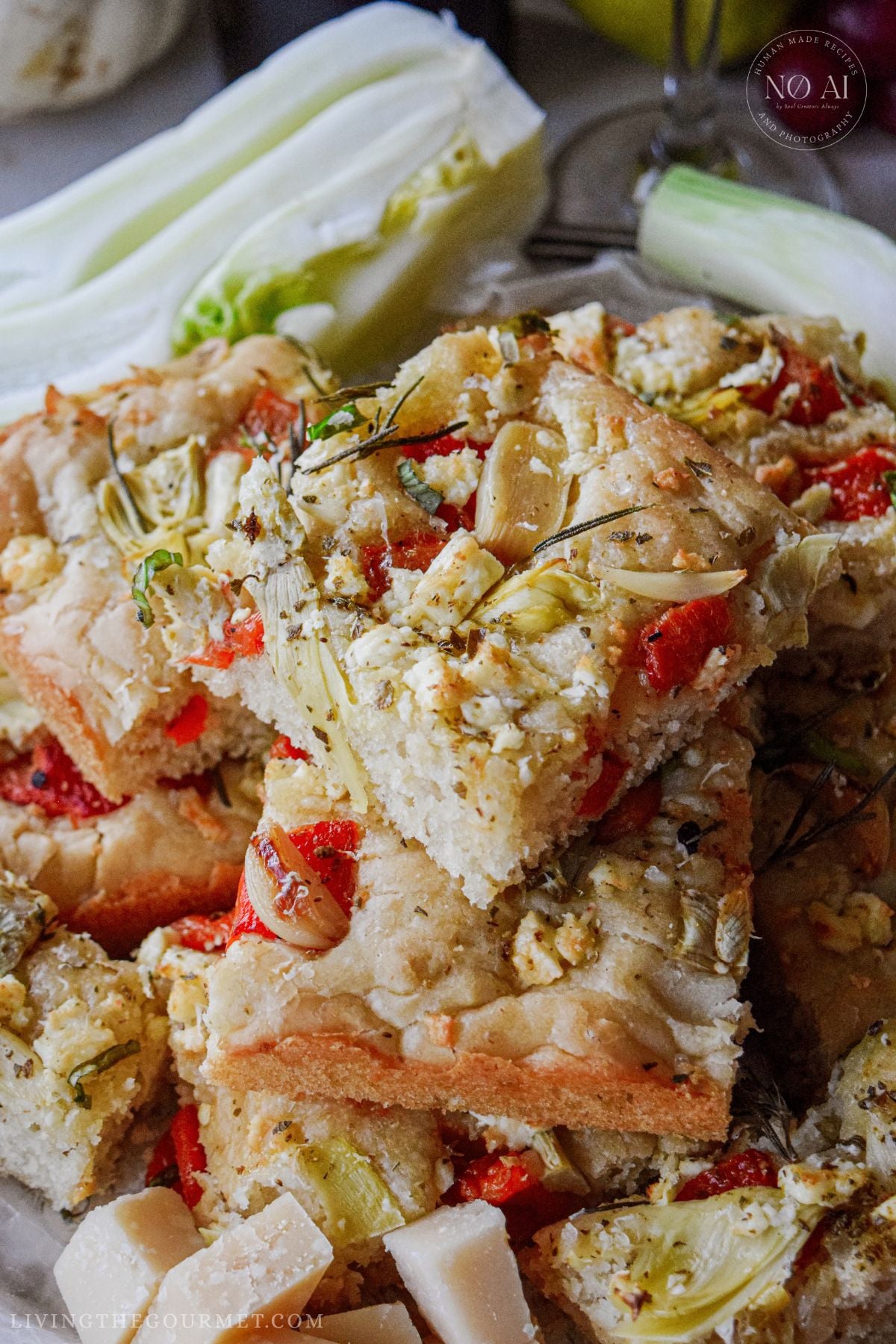 Homemade Roasted Garlic and Artichoke Focaccia also known as Mediterranean flatbread