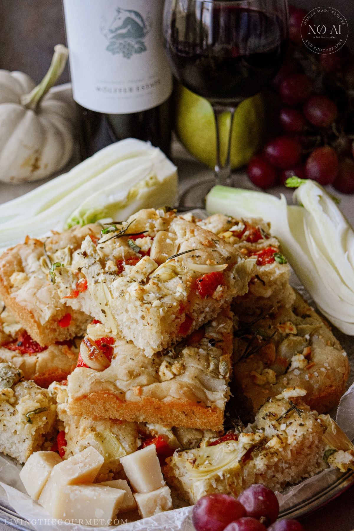 Homemade Roasted Garlic and Artichoke Focaccia served on a holiday table