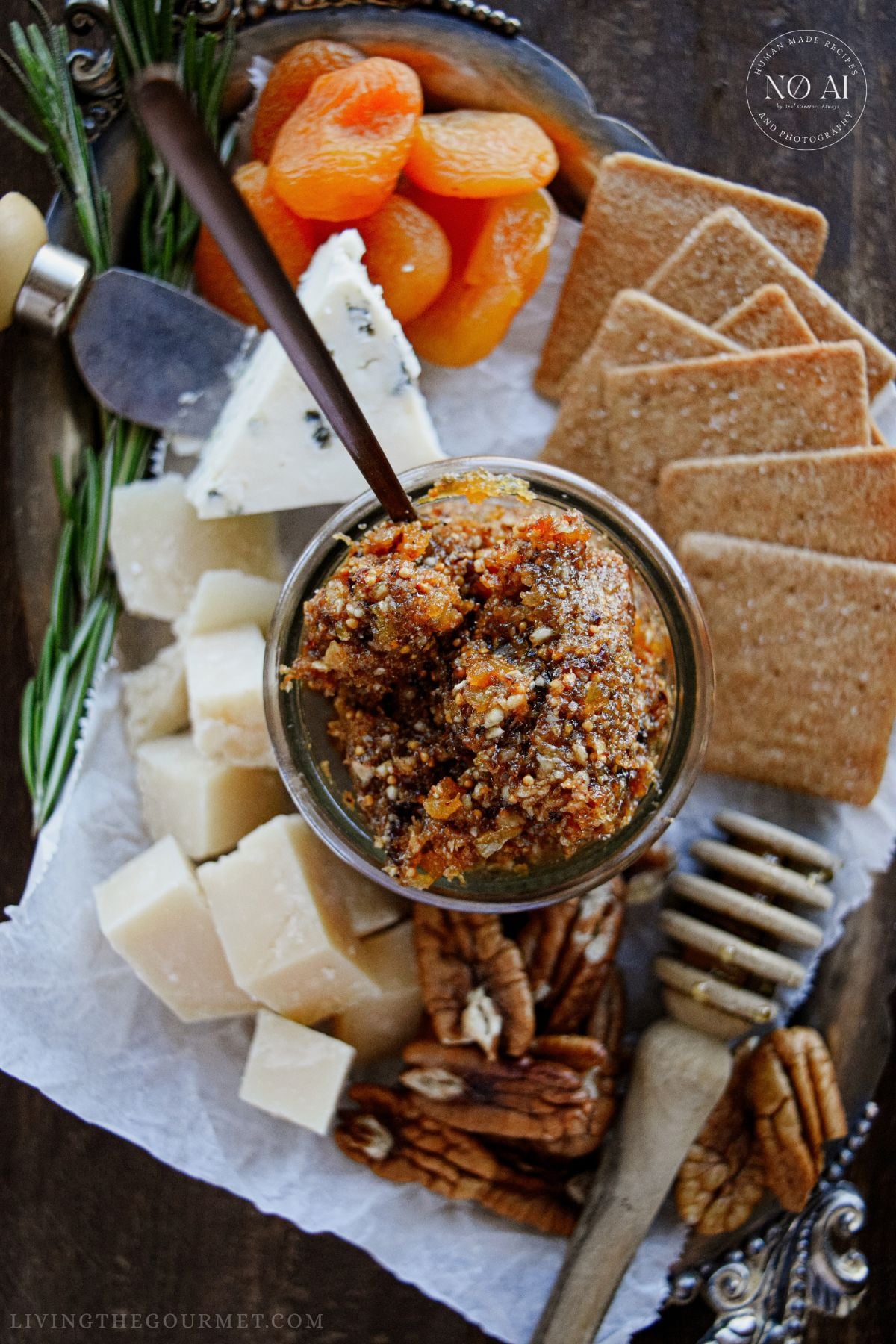 Fig and Apricot Spread with Nuts on an appetizer board